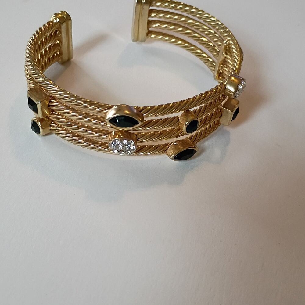 Vintage braided Cuff Bracelet with Black and Clear Stones ( J17 )